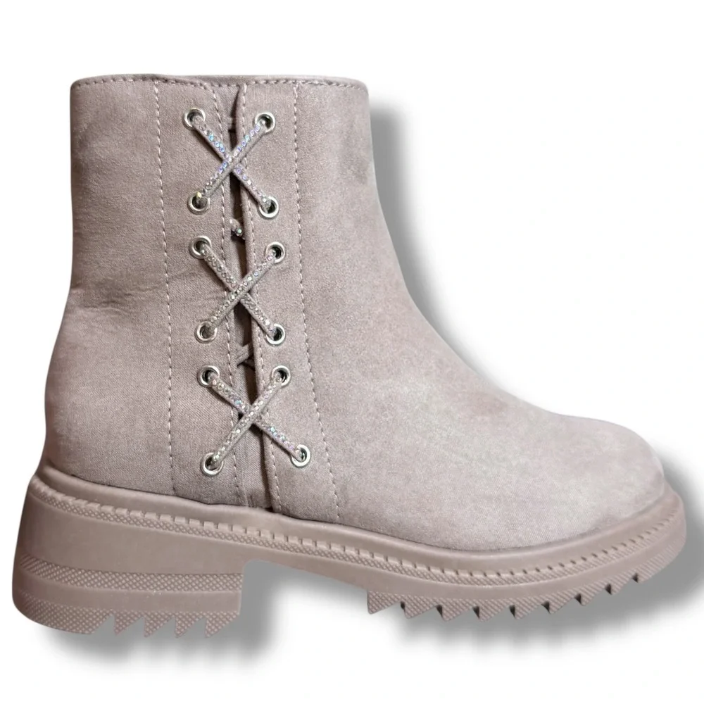 Madden Girl PAMELA Girls Boots Taupe Lace Up Ankle Boot Kid Sz 1 Rhinestone NEW